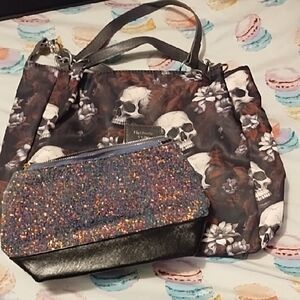 Skull And Flower Small Handbag With Cosmetic Bag